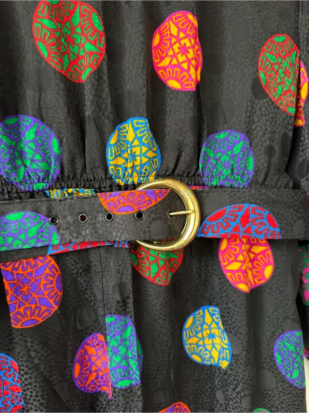 Vintage Women's Black Dress with Multicolor Circle Print 100% Silk